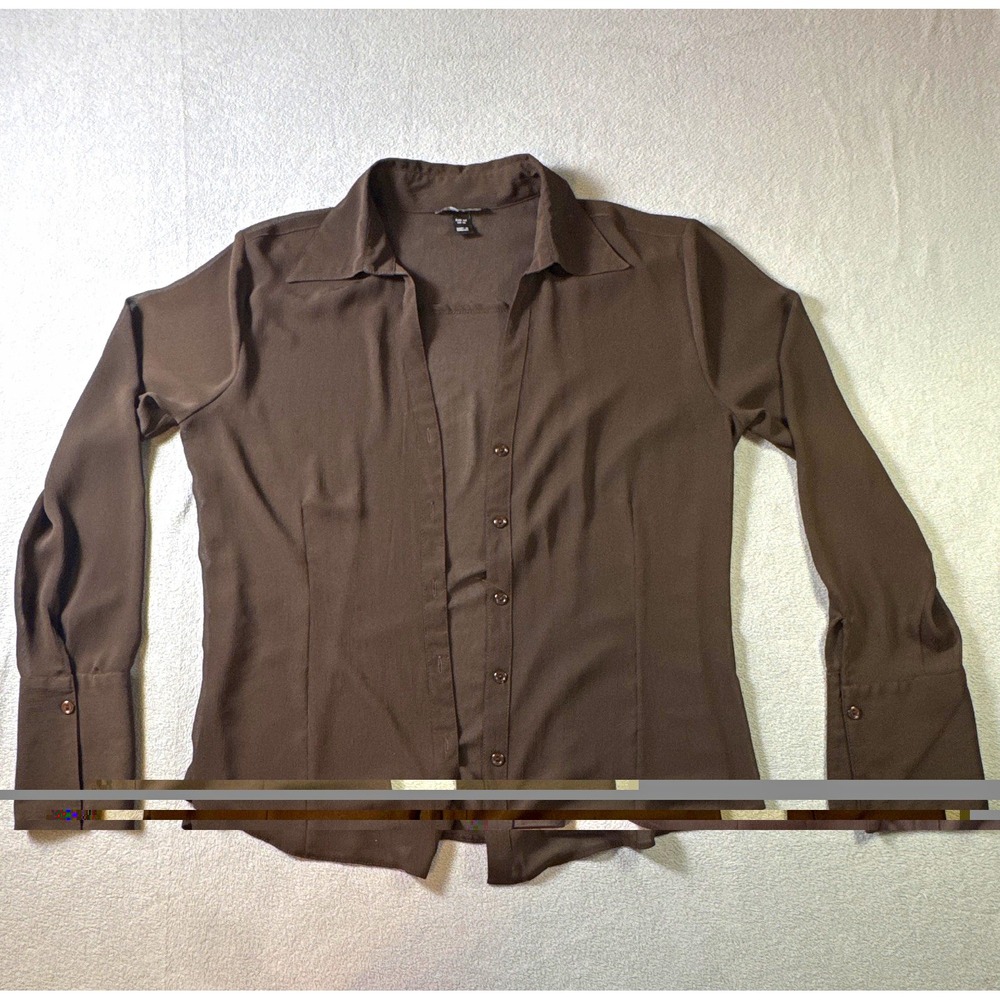 H&M Women's Brown Solid Collared Long Sleeve Woven Button-Up Blouse Sz 14(Large)